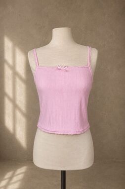 Baby Pink Ribbed Lace Trim Camisole Tank Top Bow Detail Stretchy Y2K medium